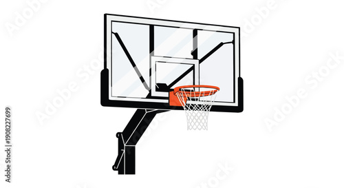 A simple illustration of a black basketball hoop and orange rim with net