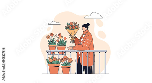 Woman Arranging Flowers on Balcony - Spring Garden Illustration