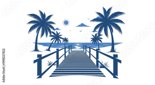 A blue tropical scene featuring palm trees a beach and a wooden walkway