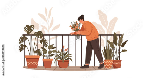 Woman arranging flowers on balcony with potted plants, illustration