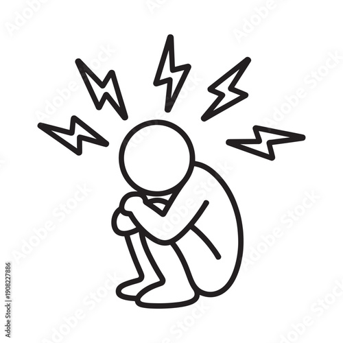 A distressed figure sketched in black lines surrounded by lightning bolts