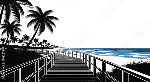 A black and white illustration of a boardwalk leading to a tropical beach