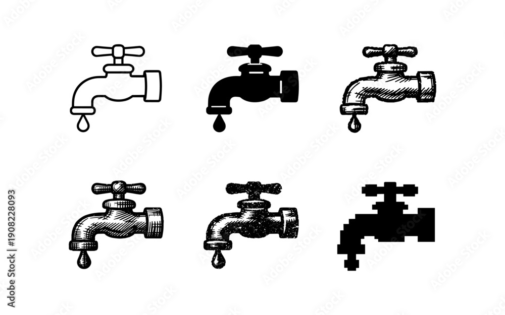Fototapeta premium Collection of six different faucet icons with dripping water, in various styles