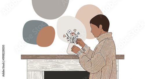 Woman Arranging Flowers on Mantelpiece, Minimalist Floral Illustration
