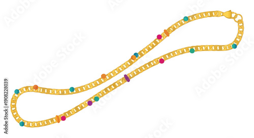 A golden necklace with colorful gemstone accents is displayed on white