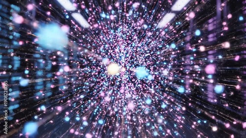An abstract 3d rendering captures vibrant pink and blue digital particles bursting rapidly through a dark, futuristic tunnel with a dynamic motion blur effect.