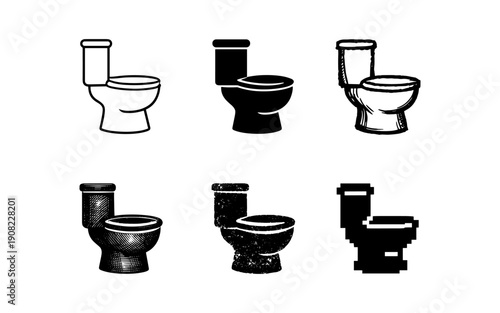 Collection of diverse toilet icons in various artistic styles and textures for design