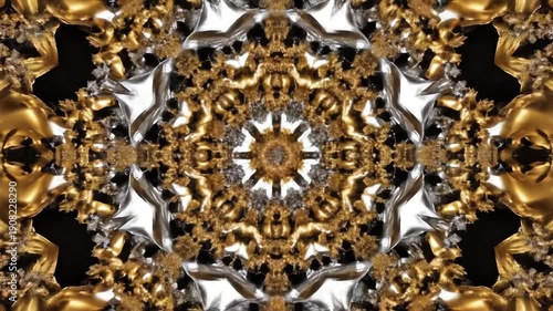 Opulent gold and silver metallic abstract fractal design forming an intricate, highly symmetrical baroque kaleidoscope pattern against a dark background.