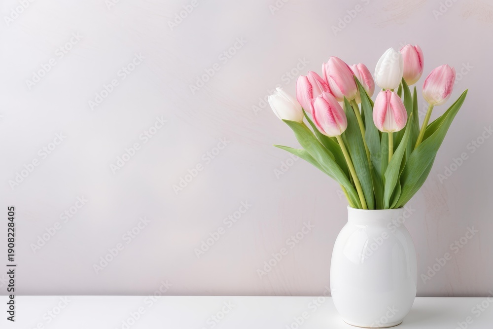 Obraz premium Pink and white tulips arranged in a ceramic vase standing on a white table