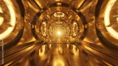 Intense golden light reflects off a symmetrical, metallic futuristic tunnel, captured in a stunning 3d render, suggesting rapid movement through abstract space.