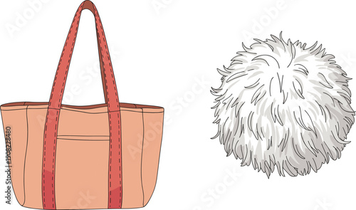 Tan tote bag, red handles, front pocket, fluffy pom pom, soft texture, fashion accessory, cad drawing flat vector illustration