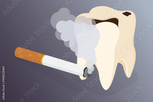 Tooth and cigarette. Concept about the negative impact of nicotine on dental health. 3d isometric flat vector illustration for social posters, banners.