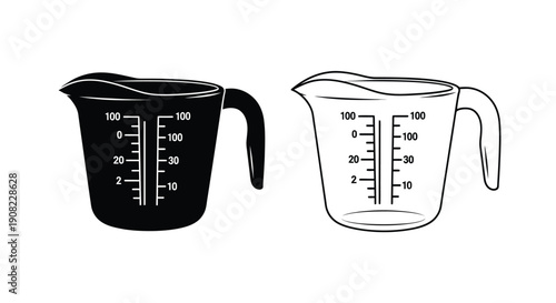 Two measuring cups one black and one white with volume markings