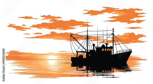 Silhouette of a fishing boat against a vibrant orange sunset over water