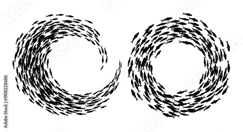 Two swirling circular patterns created from numerous small dark shapes