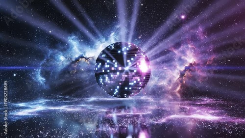 This vibrant, high-contrast digital art shows a glowing, futuristic metallic sphere radiating powerful purple and blue light beams across a reflective nebula surface in deep space.