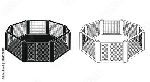 Two depictions of an octagonal mixed martial arts cage in contrasting styles