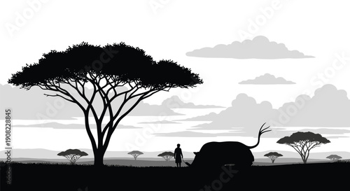 African savanna silhouette featuring a rhino and a person