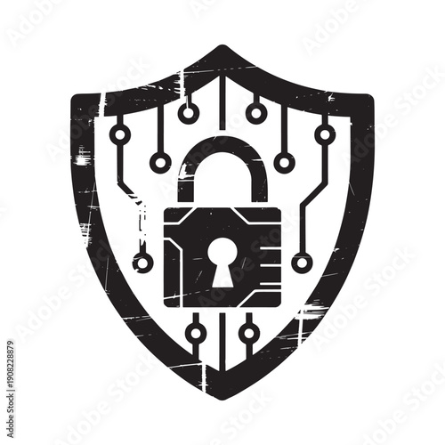 A digital shield icon with an open padlock at its center