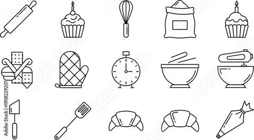 A collection of baking and cooking related line icons for various kitchen tools and ingredients