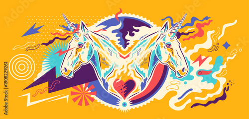 Conceptual illustration with unicorns and various colorful abstract shapes. Vector illustration