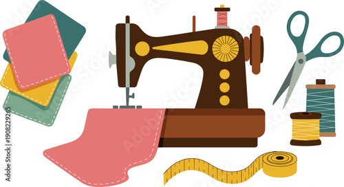 Vintage sewing machine with fabric, scissors, thread spools, measuring tape, textile swatches, fashion design tools vector illustration for crafting stock artwork