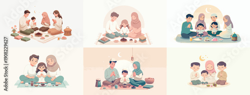 Vector of a family praying to break the fast. Ramadan theme. Vektor, icon, set icon, minimalist, flat