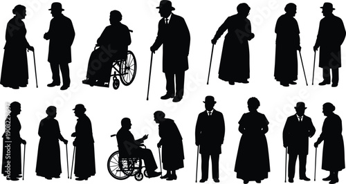 Elderly People Silhouette Set Vector Illustration Isolated on White Background, Senior Citizens with Cane and Wheelchair, Aging and Retirement Concept