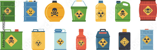 Hazardous chemical containers and toxic waste barrels collection with warning symbols, colorful industrial canisters for safety, danger, recycling and pollution design