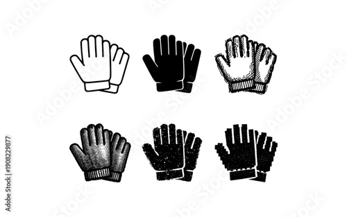 Collection of six different glove icons in various styles and textures