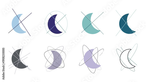 Abstract Crescent Moon Icons Set, Celestial Body Symbols, Geometric Design Elements