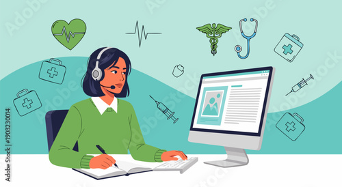 Healthcare vector illustration of a medical professional with technology icons representing healthcare services