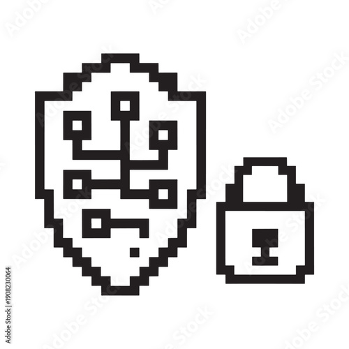 Pixelated security shield with internal network and unlocked padlock icon