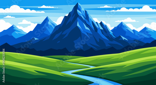 Stunning vector illustration of a serene blue mountain range with a winding river and vibrant green hills under a cloudy sky