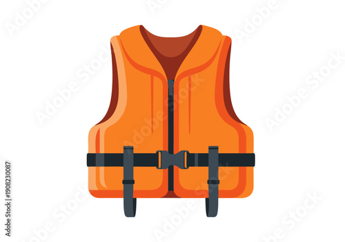 Orange life jacket vector illustration with buckles and straps, safety vest for water sports and activities