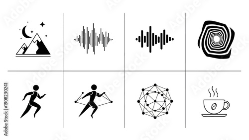 Abstract Icons: Mountains, Sound Waves, Network, Runner, Coffee Cup