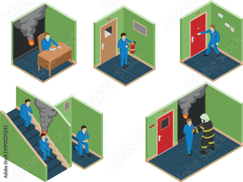 Isometric fire emergency illustration showing evacuation, extinguisher use, alerting others, firefighter response, safety preparedness vector artwork for emergency training stock content