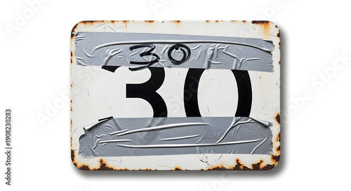 Number 30 on a Rusty Metal Sign Taped Together with Gray Tape