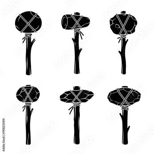 Ancient Stone Tools: Collection of Primitive Hand Axes and Hammers on White Background