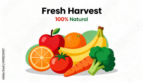 Fruits and vegetables in a bright vector style for packaging and advertising.