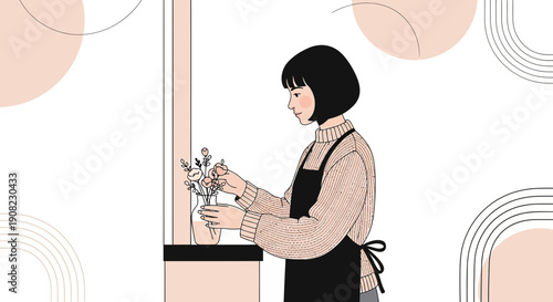 Woman Arranging Flowers in Vase, Minimalist Botanical Illustration, Spring Bloom.
