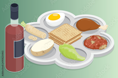 Traditional Passover Seder plate, Wine, Matzah and ceremonial foods. 3d flat isometric vector illustration.
