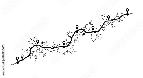 Abstract black line with location pins and branching organic shapes