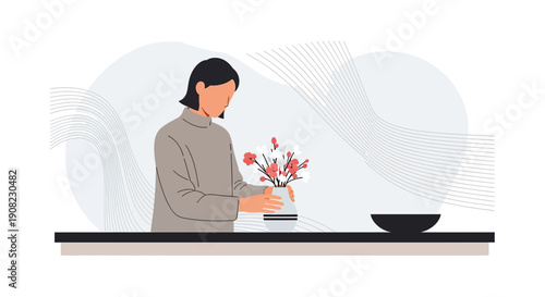 Woman Arranging Flowers in Vase, Minimalist Home Decor Illustration
