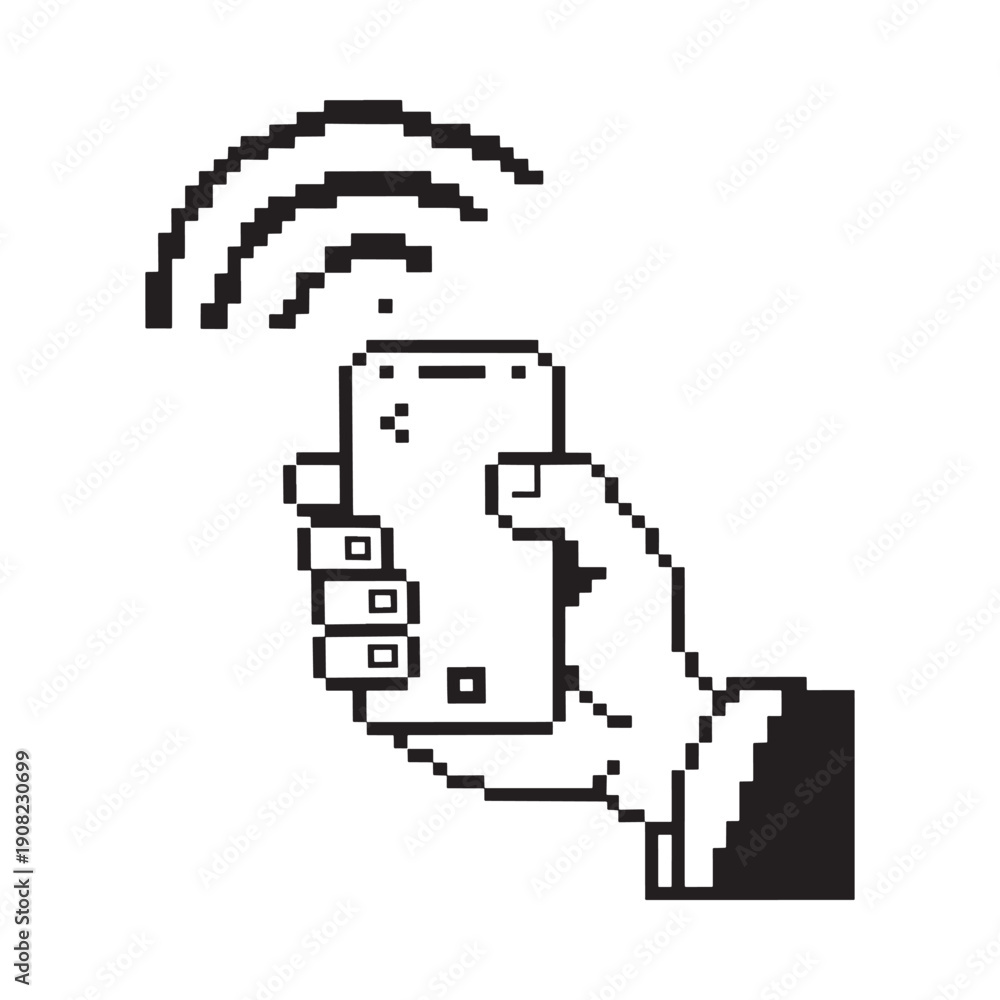 Fototapeta premium Pixelated hand holding a smartphone with outgoing wireless signal waves