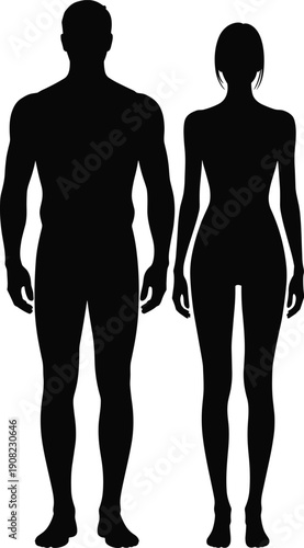 Black silhouette of a man and woman standing with arms at sides on white background couple human
