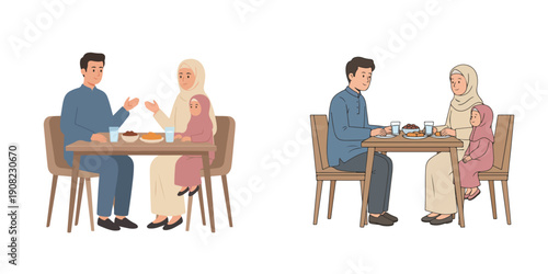 Vector of a family preparing to break the fast together. Ramadan theme. Vektor, icon, set icon, minimalist, flat