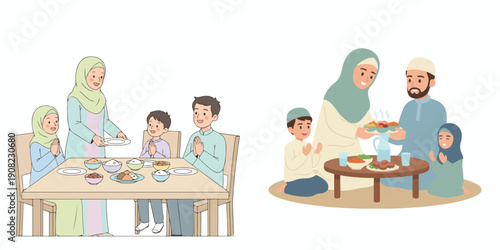 Vector of a mother preparing food for breaking the fast. Ramadan theme. Vektor, icon, set icon, minimalist, flat