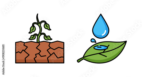 A cracked soil illustration with a sprouting seedling and a leaf with a water droplet, showcasing nature's beauty and the importance of hydration for growth and development in a simple graphic style.