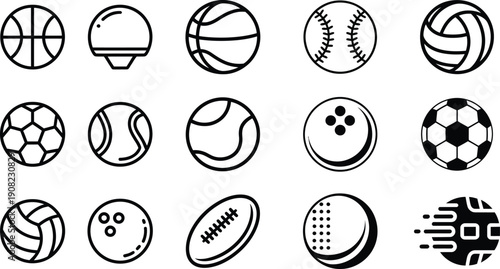 Collection of various sports balls icons in black and white